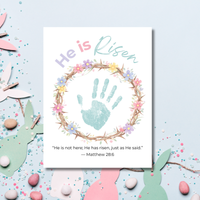 He Is Risen Easter Handprint Craft Printable | Christian Resurrection Keepsake Art | Matthew 28:6 Bible Verse Activity PDF