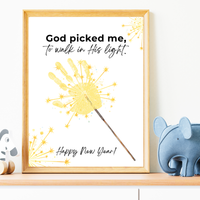 God Picked Me to Walk in His Light New Year Handprint Craft | Christian Sparkler Printable | New Year's Eve Fingerprint Activity | Preschool Christian Keepsake