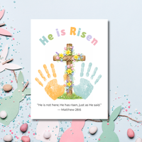 He Is Risen Easter Handprint Craft Printable | Christian Cross Keepsake Art | Matthew 28:6 Resurrection Activity PDF