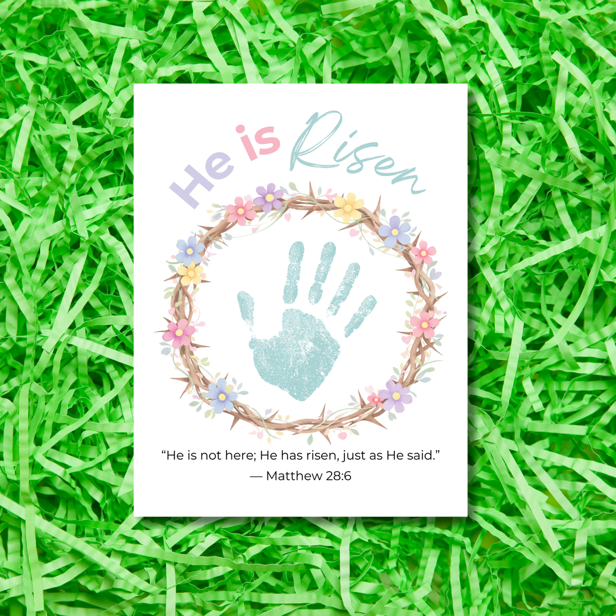He Is Risen Easter Handprint Craft Printable | Christian Resurrection Keepsake Art | Matthew 28:6 Bible Verse Activity PDF
