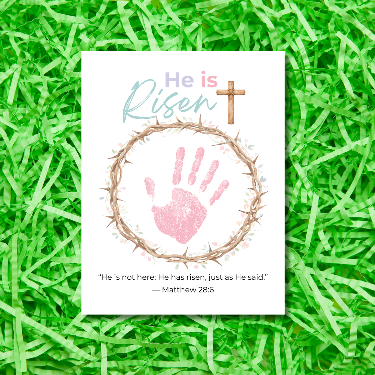 He Is Risen Easter Handprint Craft Printable | Christian Resurrection Keepsake Art with Cross | Matthew 28:6 Bible Verse PDF