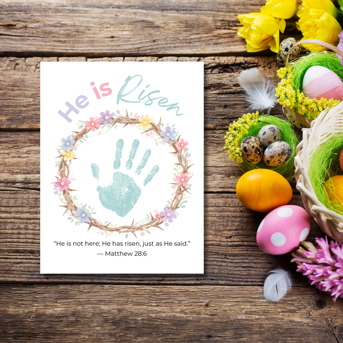 He Is Risen Easter Handprint Craft Printable | Christian Resurrection Keepsake Art | Matthew 28:6 Bible Verse Activity PDF