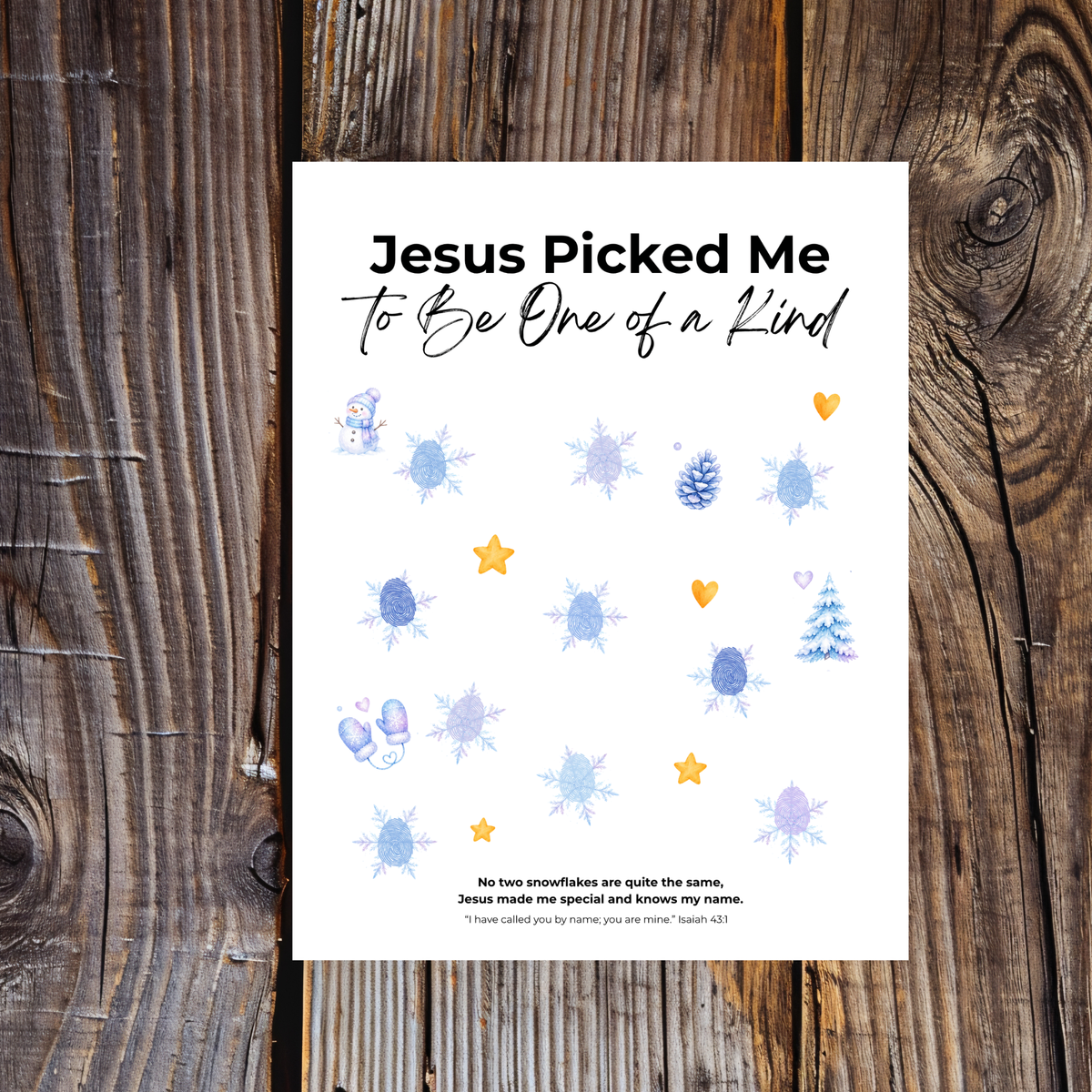 Jesus Picked Me to Be One of a Kind Fingerprint Snowflake Craft | Christian Winter Printable for Kids