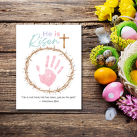 He Is Risen Easter Handprint Craft Printable | Christian Resurrection Keepsake Art with Cross | Matthew 28:6 Bible Verse PDF