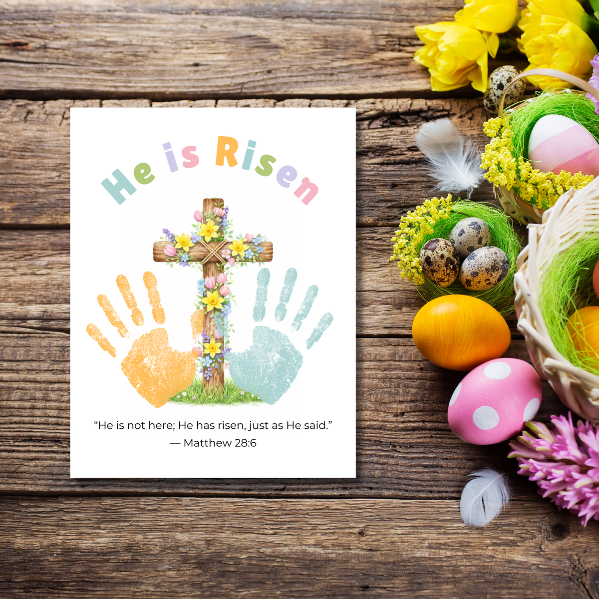 He Is Risen Easter Handprint Craft Printable | Christian Cross Keepsake Art | Matthew 28:6 Resurrection Activity PDF