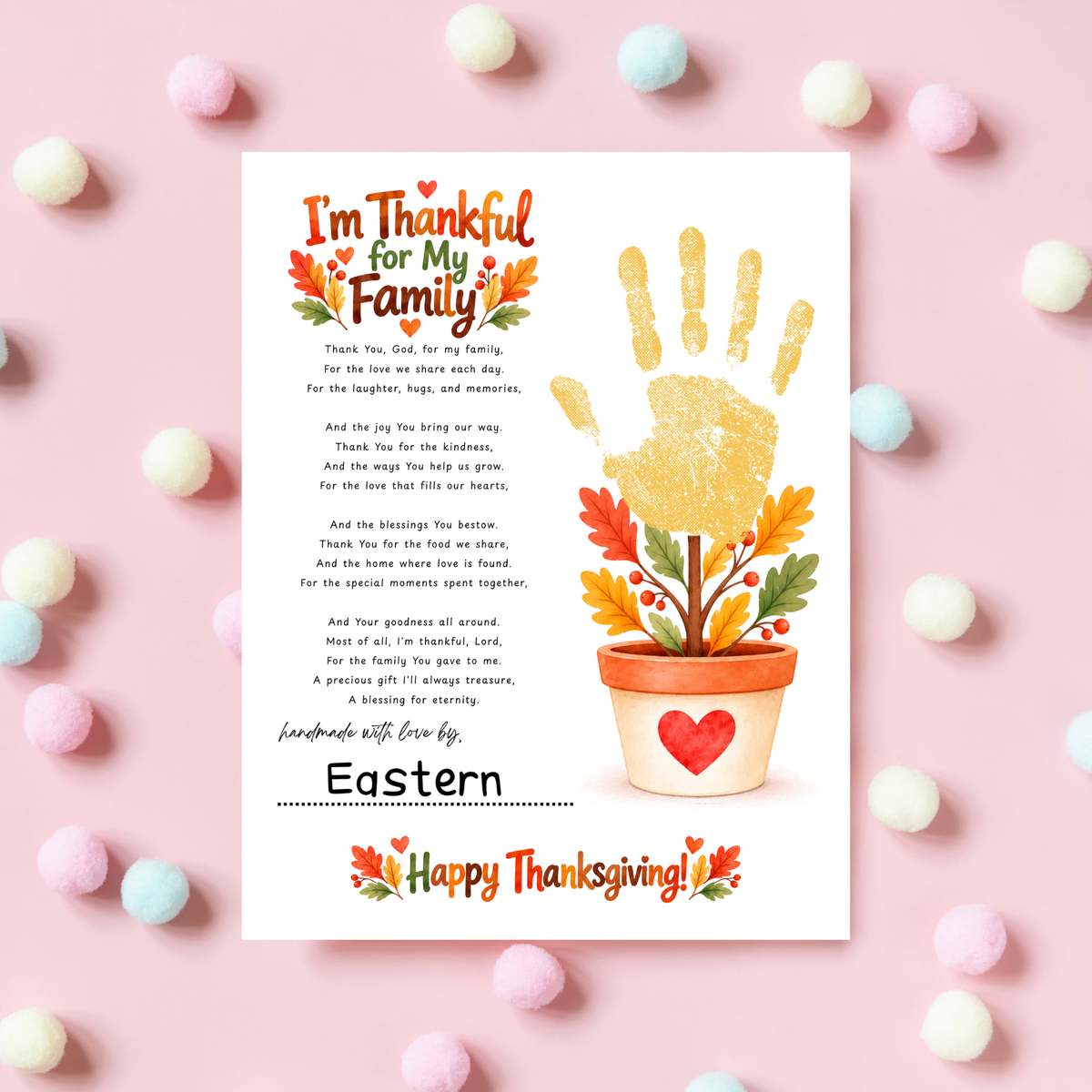 I'm Thankful for My Family Thanksgiving Handprint Craft | Christian Fall Keepsake Printable for Kids