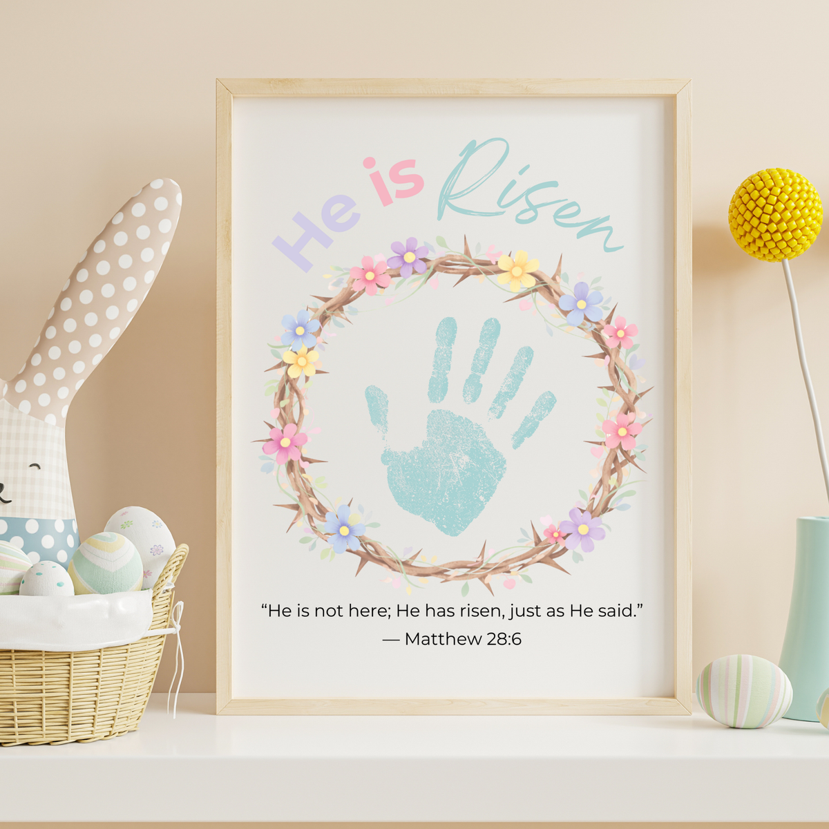 He Is Risen Easter Handprint Craft Printable | Christian Resurrection Keepsake Art | Matthew 28:6 Bible Verse Activity PDF