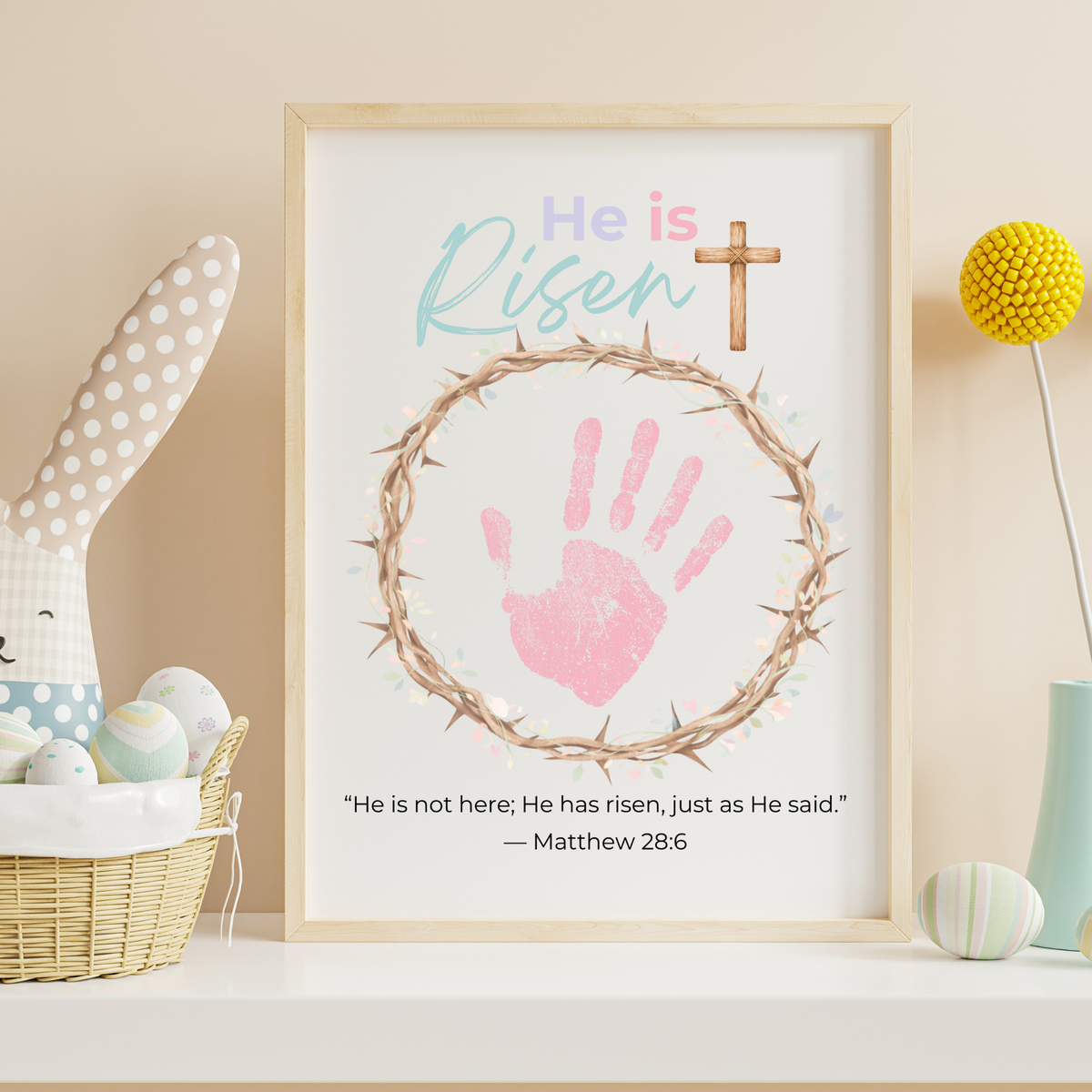 He Is Risen Easter Handprint Craft Printable | Christian Resurrection Keepsake Art with Cross | Matthew 28:6 Bible Verse PDF
