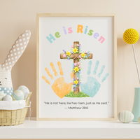 He Is Risen Easter Handprint Craft Printable | Christian Cross Keepsake Art | Matthew 28:6 Resurrection Activity PDF
