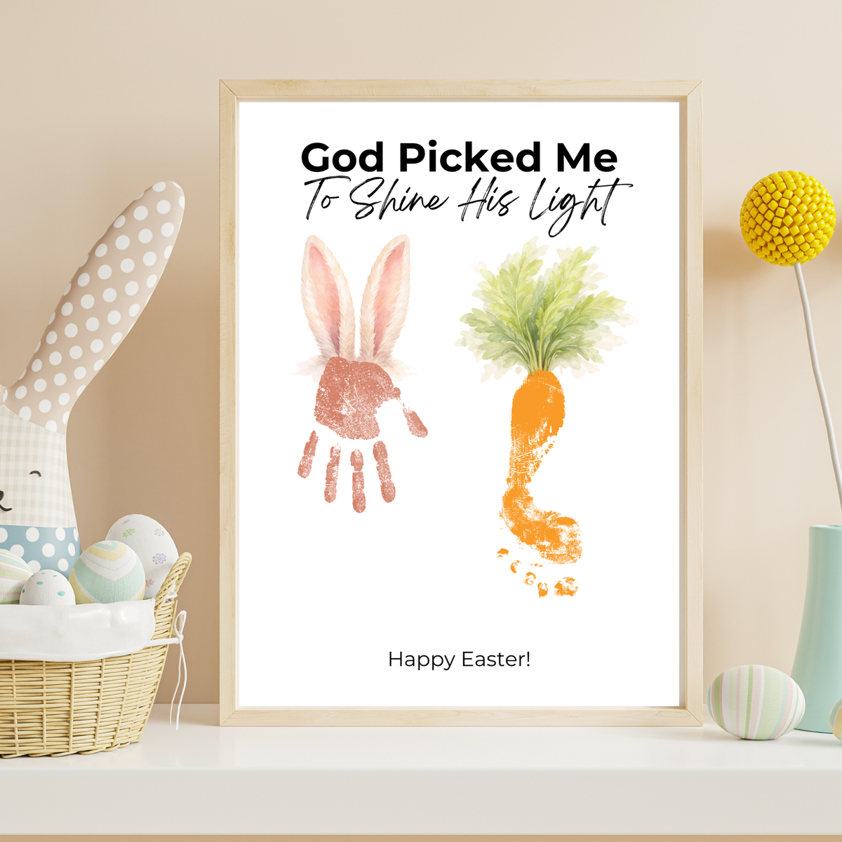 God Picked Me to Shine His Light Easter Handprint Craft Printable | Christian Bunny & Carrot Keepsake | Faith-Based Kids Easter Activity PDF