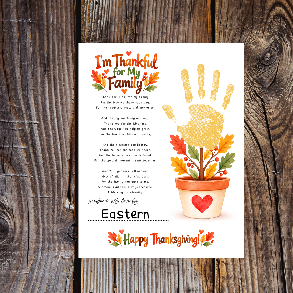 I'm Thankful for My Family Thanksgiving Handprint Craft | Christian Fall Keepsake Printable for Kids