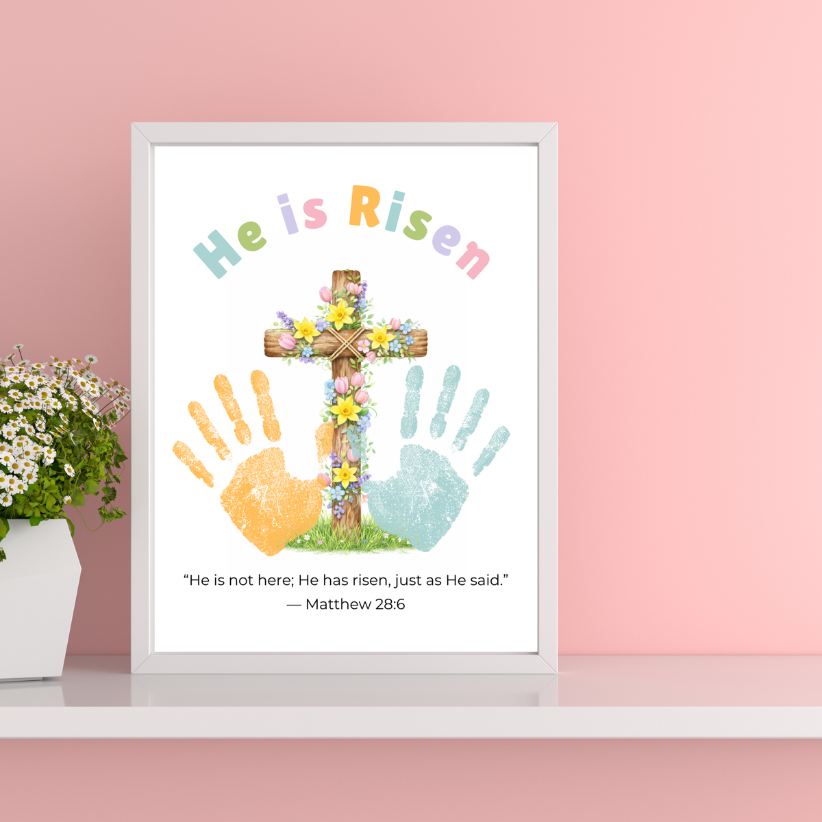 He Is Risen Easter Handprint Craft Printable | Christian Cross Keepsake Art | Matthew 28:6 Resurrection Activity PDF
