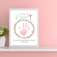 He Is Risen Easter Handprint Craft Printable | Christian Resurrection Keepsake Art with Cross | Matthew 28:6 Bible Verse PDF