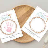 He Is Risen Easter Handprint Craft Printable | Christian Resurrection Keepsake Art with Cross | Matthew 28:6 Bible Verse PDF