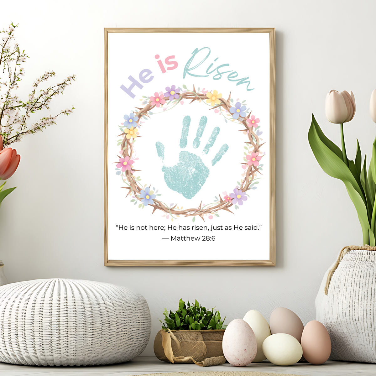 He Is Risen Easter Handprint Craft Printable | Christian Resurrection Keepsake Art | Matthew 28:6 Bible Verse Activity PDF