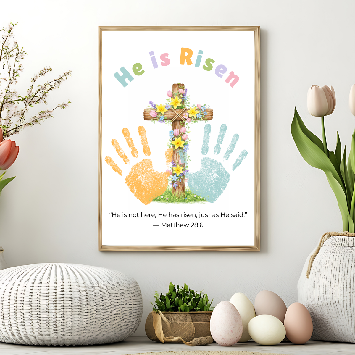 He Is Risen Easter Handprint Craft Printable | Christian Cross Keepsake Art | Matthew 28:6 Resurrection Activity PDF