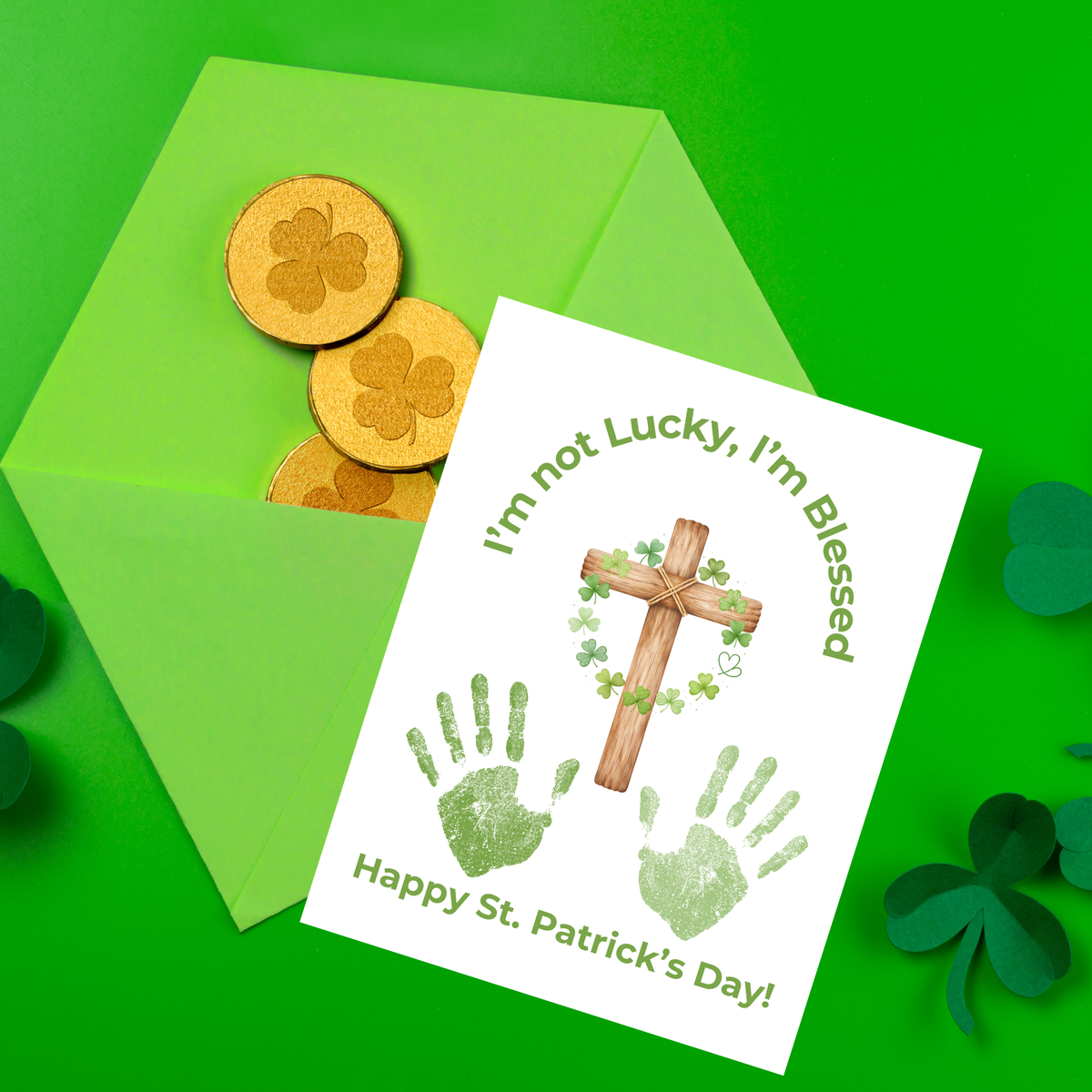 I’m Not Lucky, I’m Blessed St. Patrick’s Day Handprint Craft Printable (Curved Green Title Design) | Faith-Based Shamrock Cross Keepsake | Christian Kids Activity PDF
