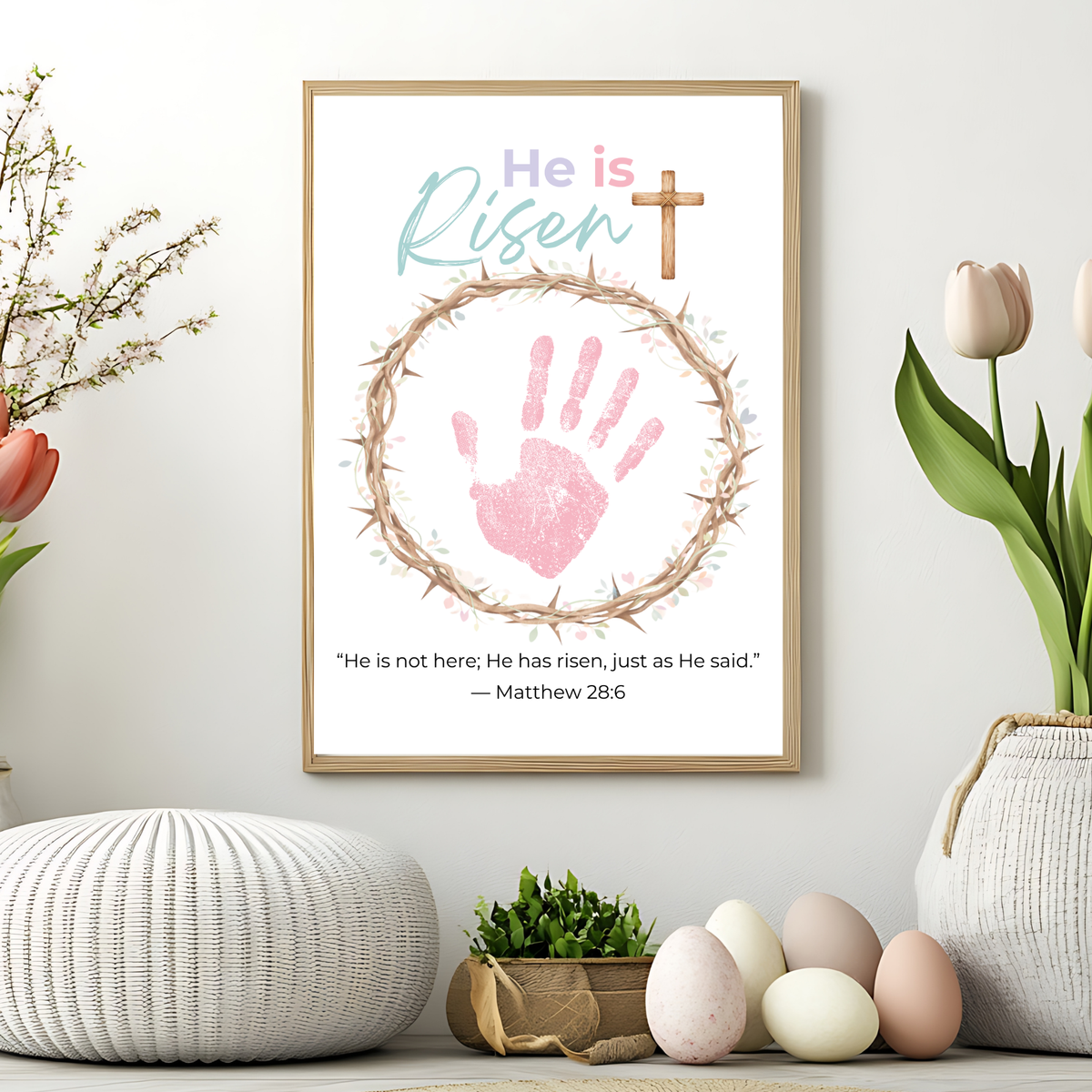 He Is Risen Easter Handprint Craft Printable | Christian Resurrection Keepsake Art with Cross | Matthew 28:6 Bible Verse PDF