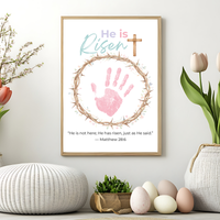 He Is Risen Easter Handprint Craft Printable | Christian Resurrection Keepsake Art with Cross | Matthew 28:6 Bible Verse PDF