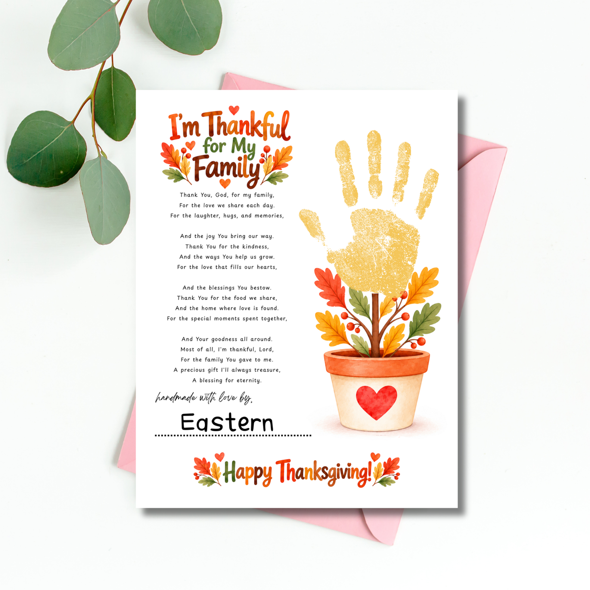 I'm Thankful for My Family Thanksgiving Handprint Craft | Christian Fall Keepsake Printable for Kids