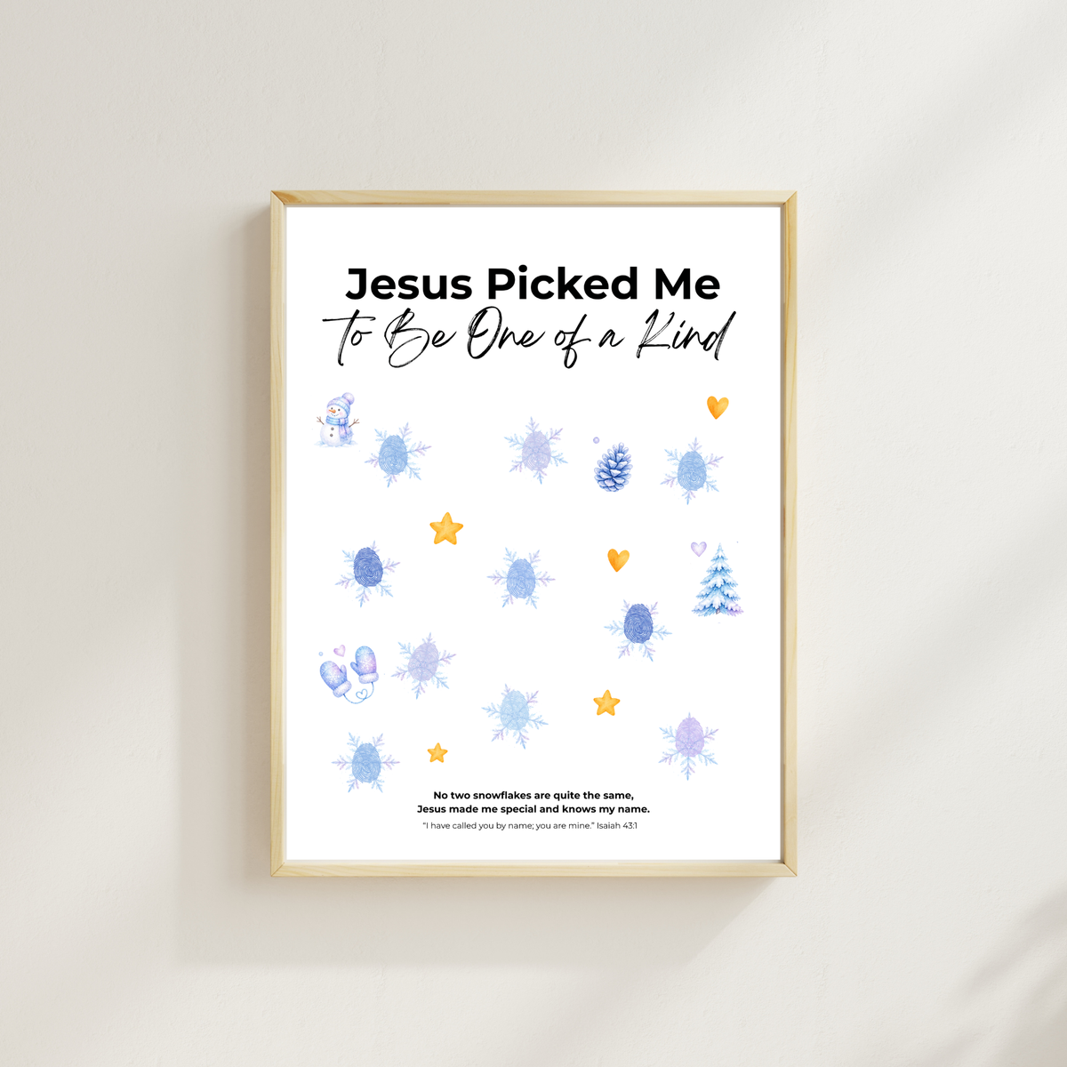 Jesus Picked Me to Be One of a Kind Fingerprint Snowflake Craft | Christian Winter Printable for Kids