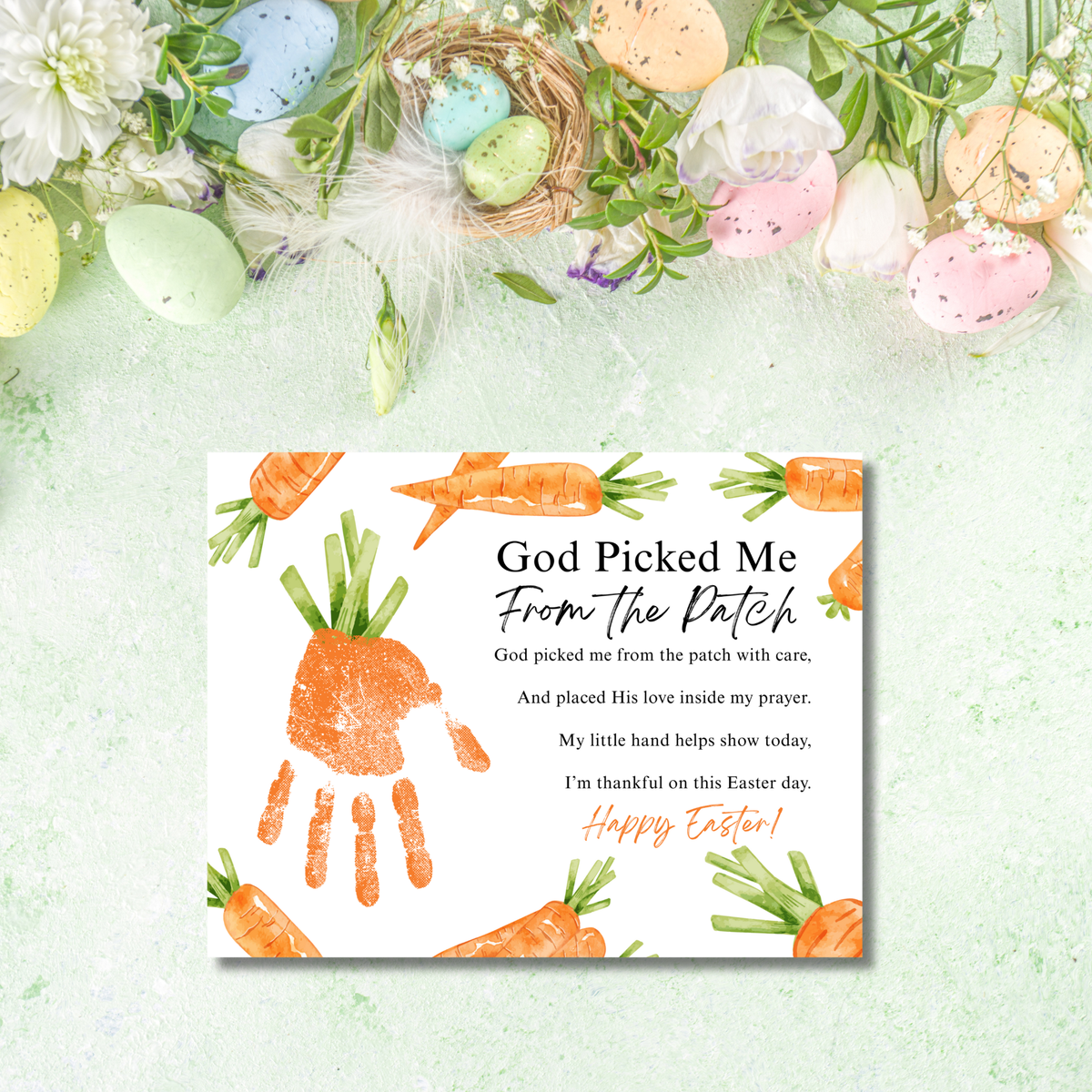 God Picked Me From the Patch Easter Handprint Craft Printable | Christian Easter Carrot Keepsake | Faith-Based Kids Activity PDF