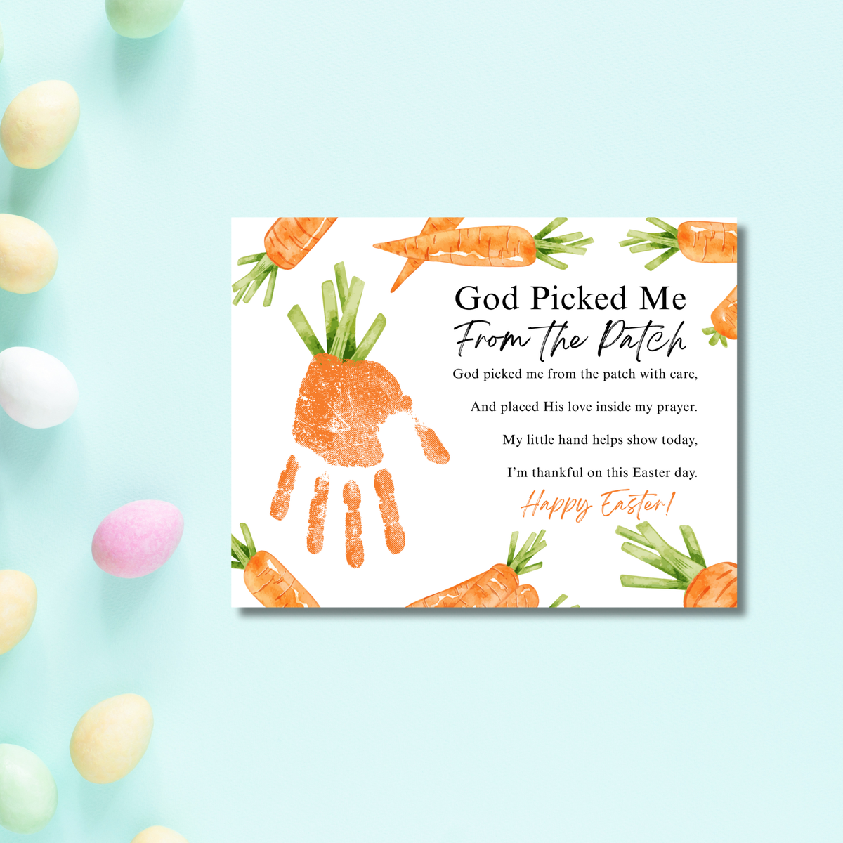 God Picked Me From the Patch Easter Handprint Craft Printable | Christian Easter Carrot Keepsake | Faith-Based Kids Activity PDF
