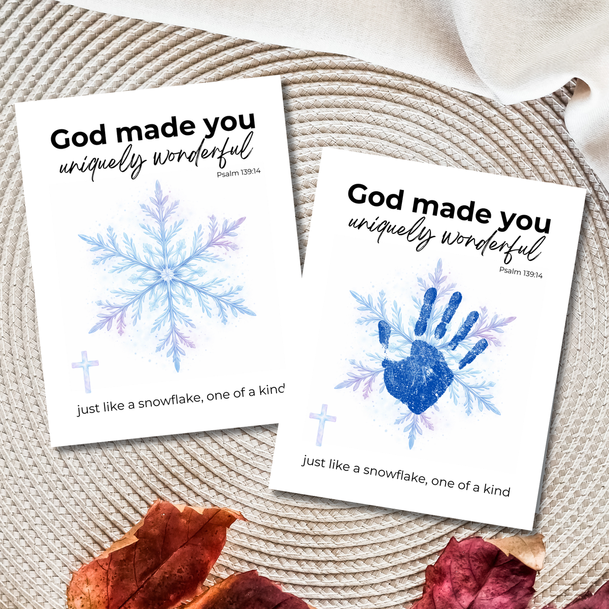 God Made You Uniquely Wonderful Snowflake Handprint Printable | Faith Based Winter Keepsake | Psalm 139:14 Christian Kids Art