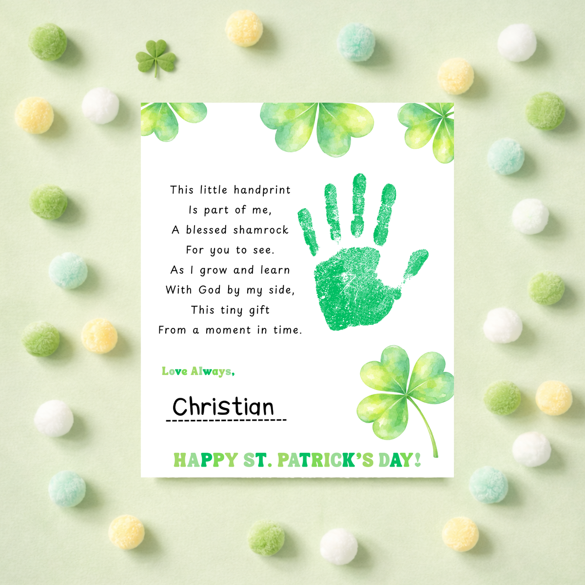Christian This Little Handprint Blessed Shamrock Poem St. Patrick’s Day Handprint Craft Printable | Christian Clover Keepsake Art PDF | Faith-Based Kids Activity