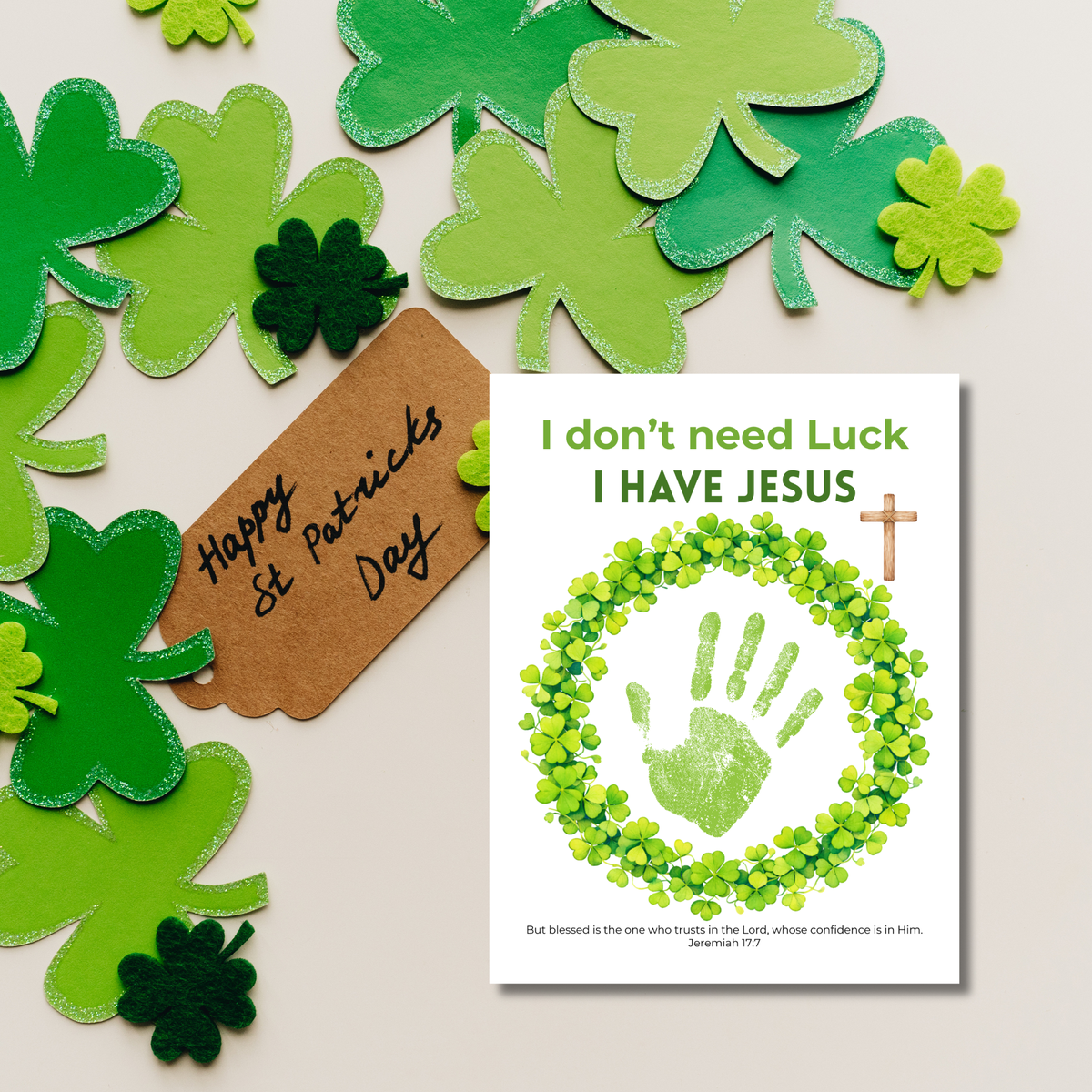 I Don’t Need Luck, I Have Jesus Handprint Craft Printable | Christian St. Patrick’s Day Keepsake | Shamrock Wreath Faith Activity PDF