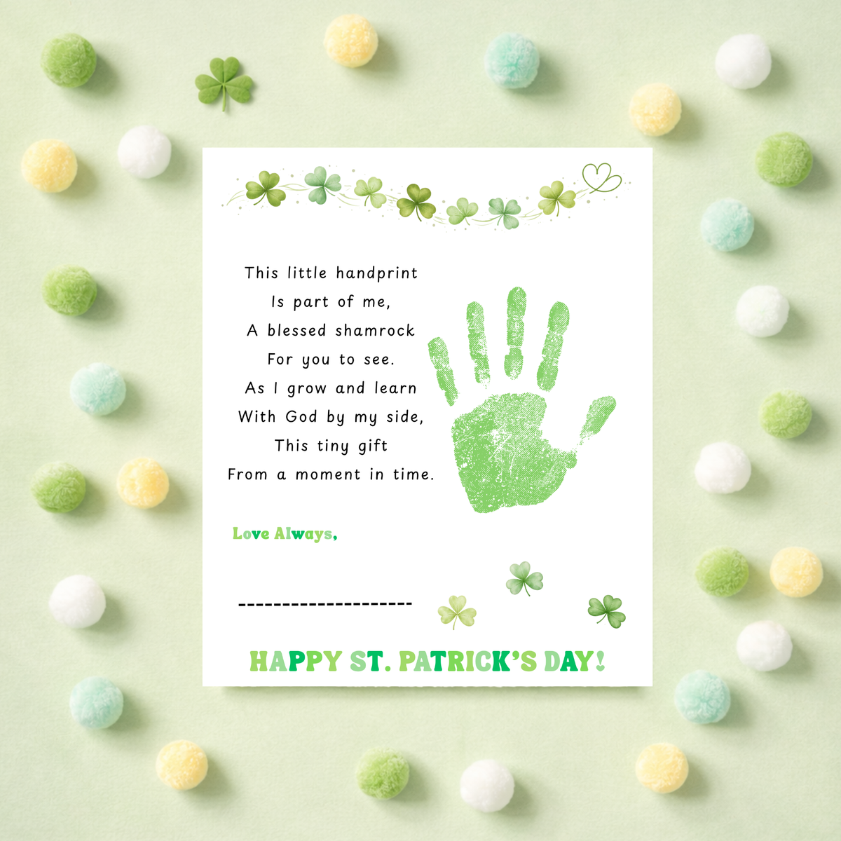 Christian Clover Poem Handprint Craft, St. Patrick’s Day Keepsake Art | Faith-Based Kids Activity PDF