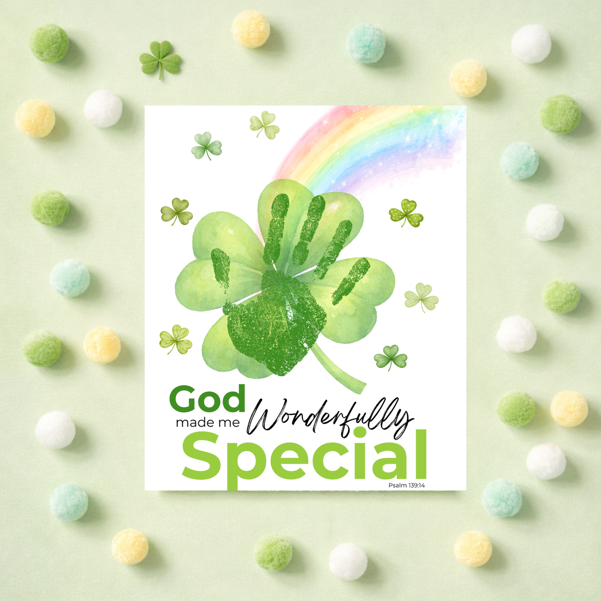 God Made Me Wonderfully Special St. Patrick’s Day Handprint Craft Printable | Christian Shamrock Keepsake Art PDF | Faith-Based Kids Activity
