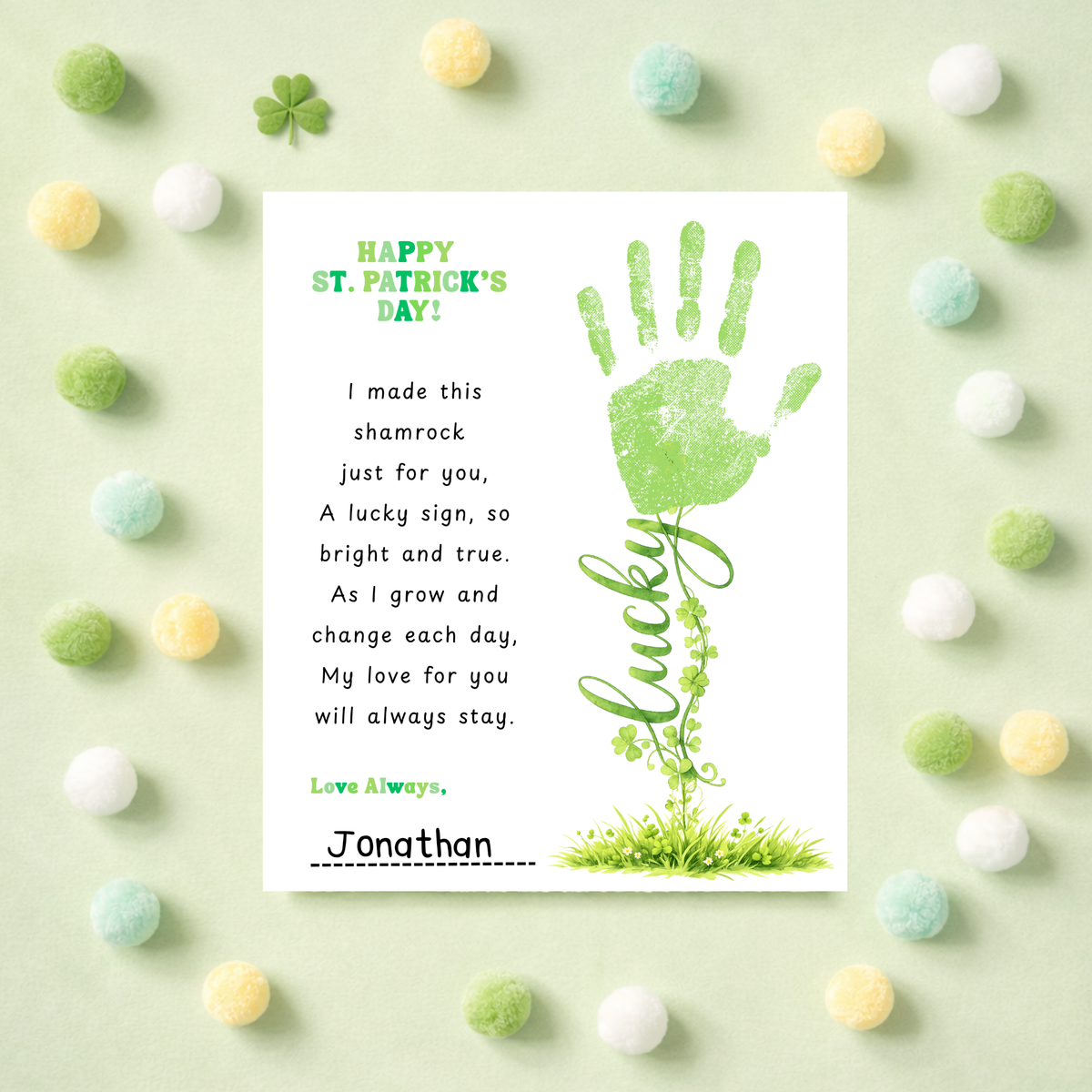 St. Patrick’s Day Handprint Craft Printable | Shamrock Poem Keepsake for Kids | Personalized St. Patrick’s Day Digital Print