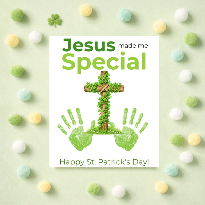 Jesus Made Me Special St. Patrick’s Day Handprint Craft Printable | Christian Shamrock Cross Keepsake Art PDF | Faith-Based Kids Activity