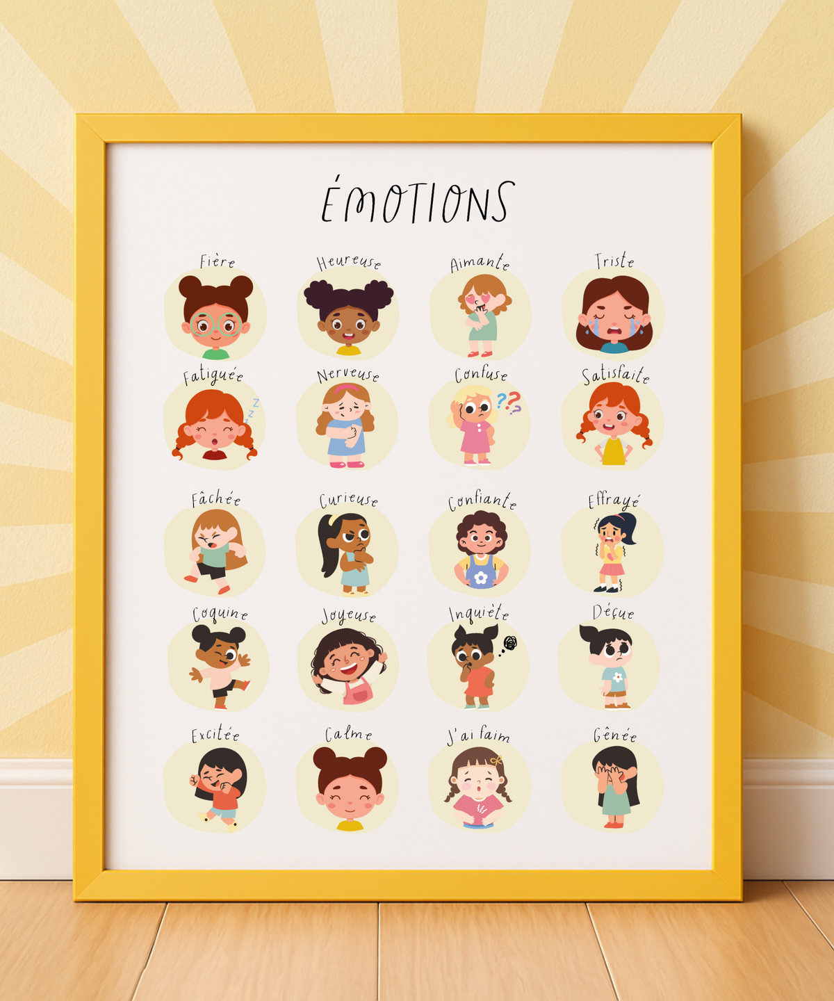 French Feelings Poster (Female) | Emotional Awareness Chart for Kids | Educational Classroom & Home Wall Art