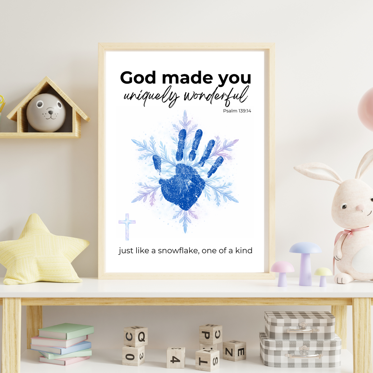 God Made You Uniquely Wonderful Snowflake Handprint Printable | Faith Based Winter Keepsake | Psalm 139:14 Christian Kids Art