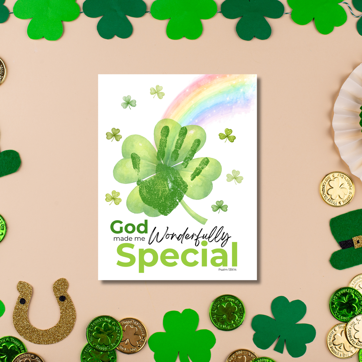 God Made Me Wonderfully Special St. Patrick’s Day Handprint Craft Printable | Christian Shamrock Keepsake Art PDF | Faith-Based Kids Activity