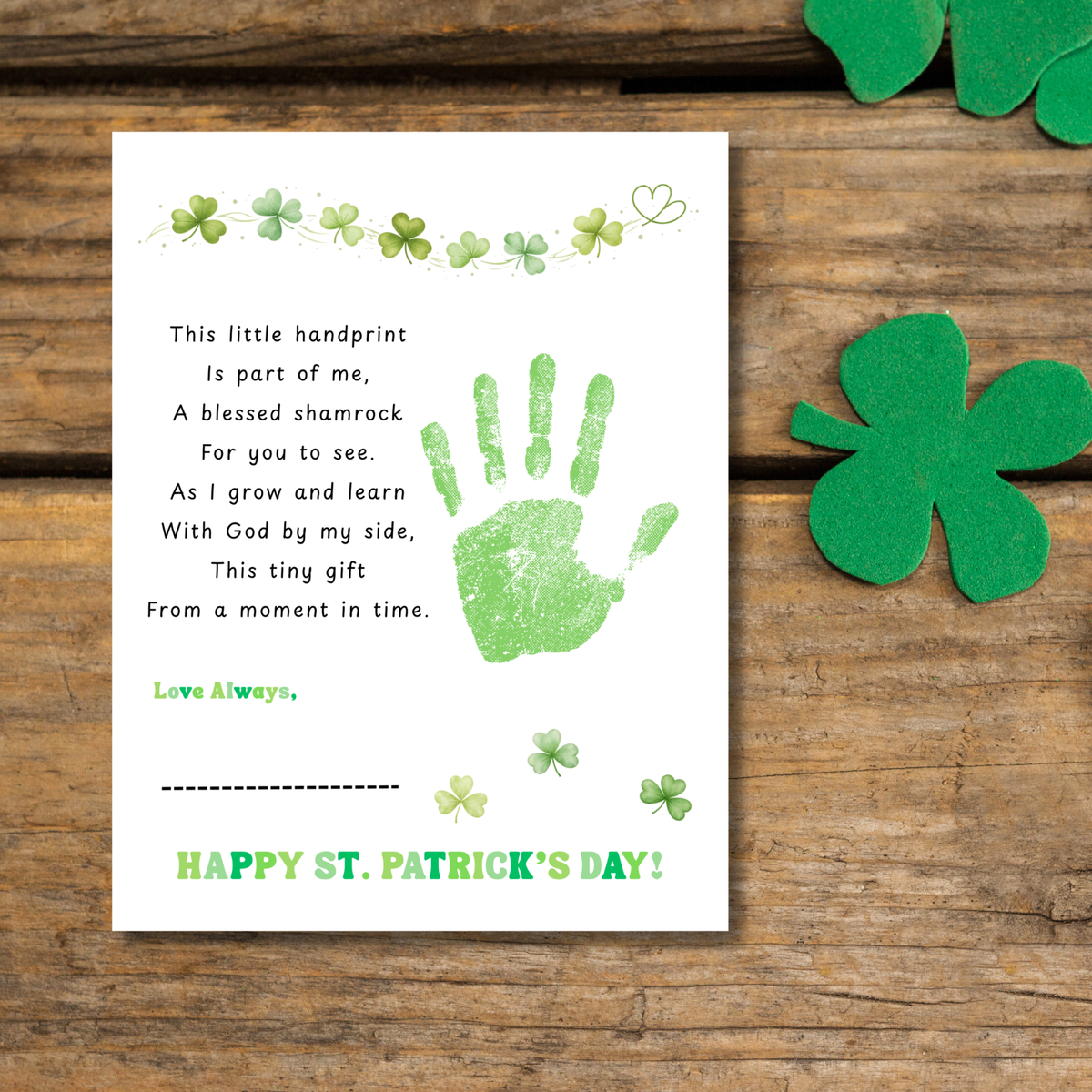 Christian Clover Poem Handprint Craft, St. Patrick’s Day Keepsake Art | Faith-Based Kids Activity PDF