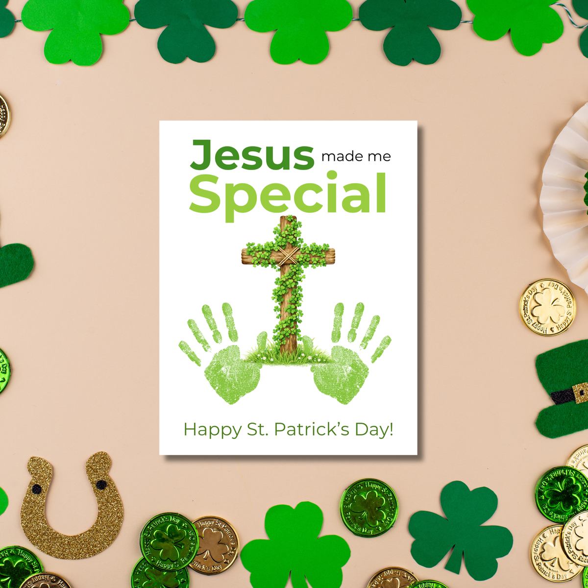Jesus Made Me Special St. Patrick’s Day Handprint Craft Printable | Christian Shamrock Cross Keepsake Art PDF | Faith-Based Kids Activity