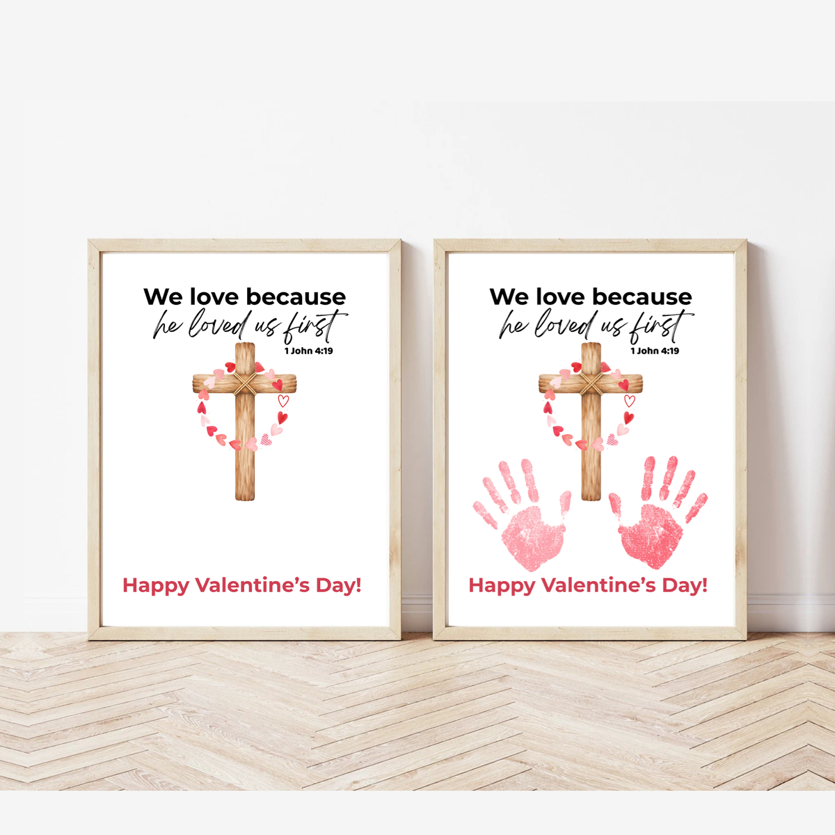 Christian Valentine Cross Handprint Craft | 1 John 4:19 We Love Because He Loved Us First Printable Bible Verse Printable for Kids