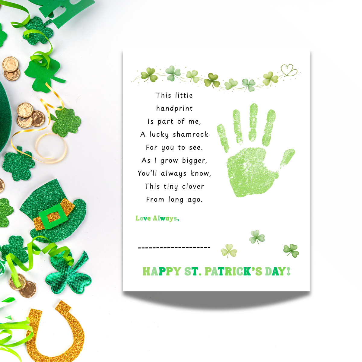 Lucky Shamrock Handprint Poem Printable | St. Patrick’s Day Keepsake Art | Kids Handprint Craft PD