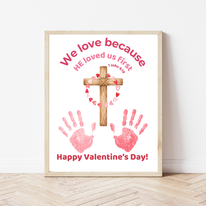 Christian Valentine Handprint Craft for Kids | 1 John 4:19 Cross Valentine Keepsake | Sunday School Printable