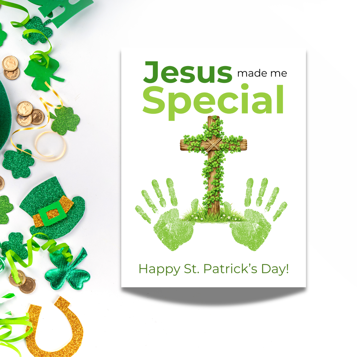 Jesus Made Me Special St. Patrick’s Day Handprint Craft Printable | Christian Shamrock Cross Keepsake Art PDF | Faith-Based Kids Activity