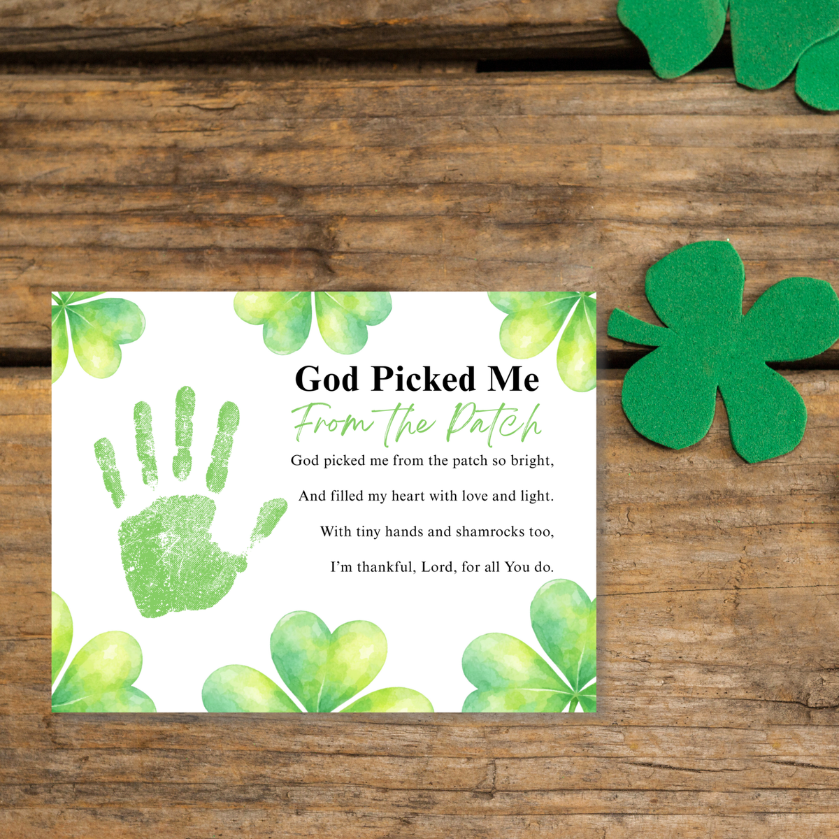 God Picked Me From the Patch Poem St. Patrick’s Day Handprint Craft Printable | Christian Shamrock Keepsake Art PDF | Faith-Based Kids Activity