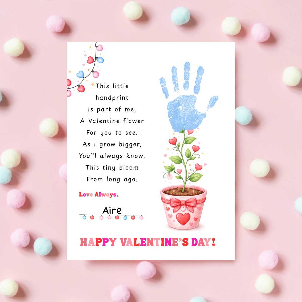 Valentine’s Day Handprint Craft Printable for Kids | Keepsake Art | Valentine Flower Design