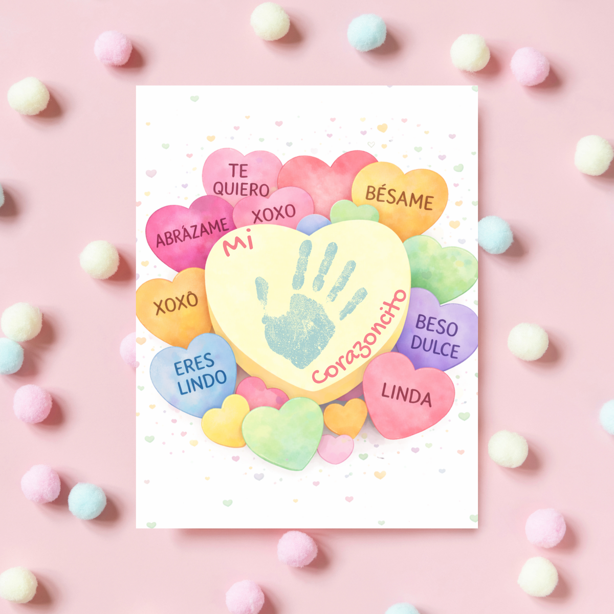 Spanish Valentine Handprint Craft for Kids | Mi Corazoncito Conversation Hearts Printable | Preschool Valentine Keepsake