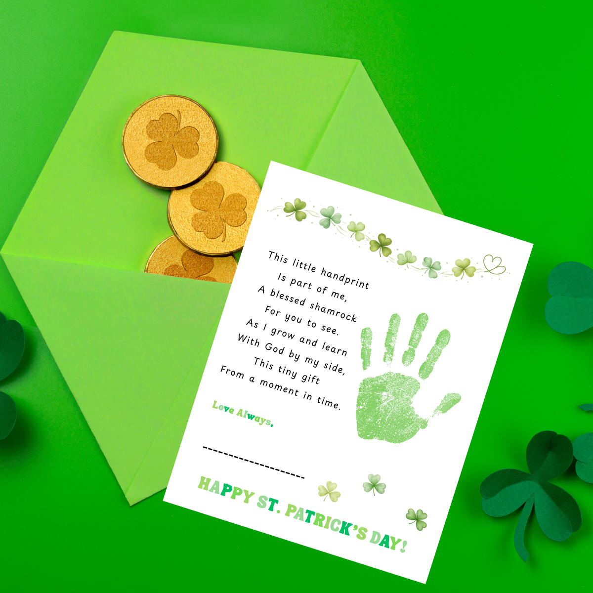 Christian Clover Poem Handprint Craft, St. Patrick’s Day Keepsake Art | Faith-Based Kids Activity PDF