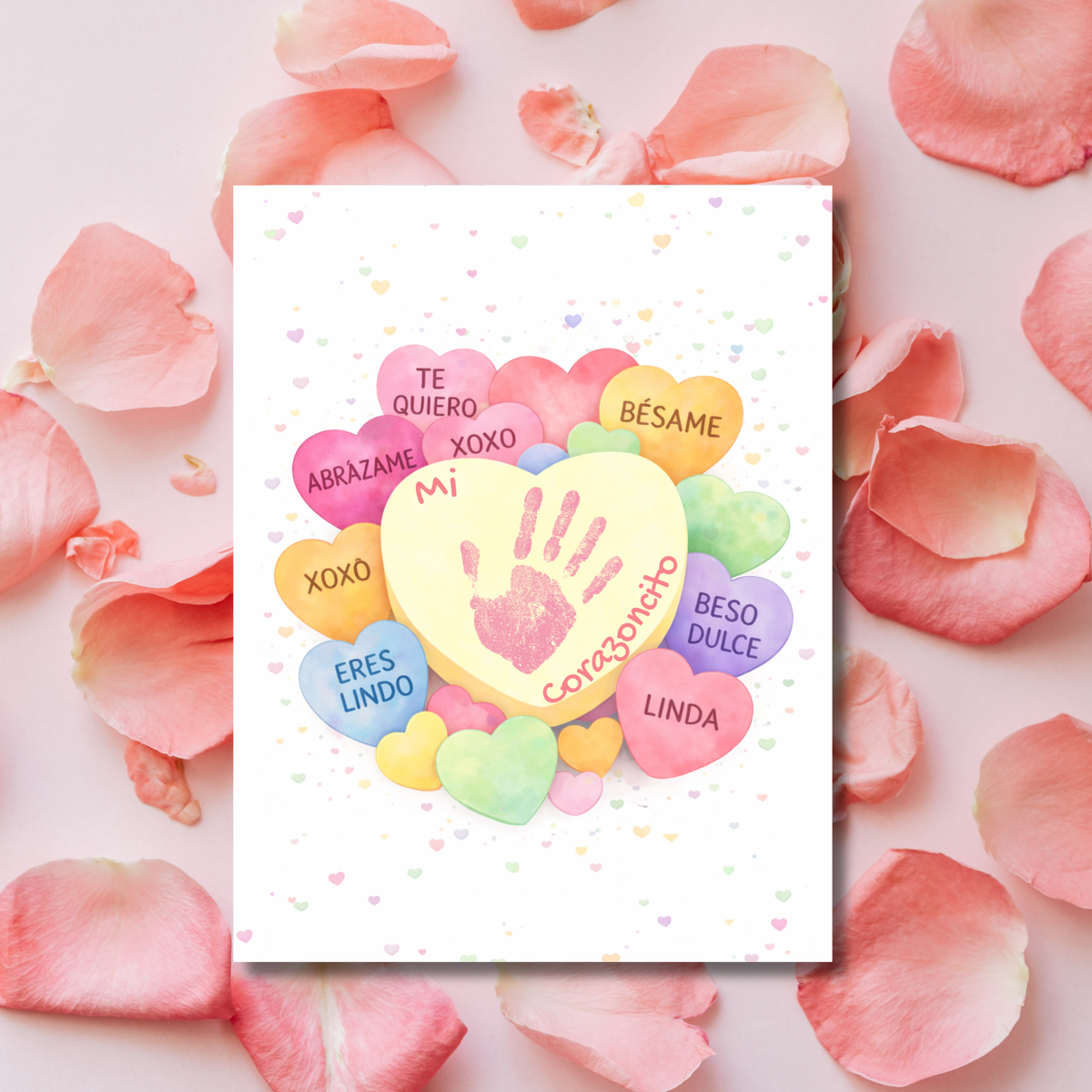 Spanish Valentine Handprint Craft for Kids | Mi Corazoncito Conversation Hearts Printable | Preschool Valentine Keepsake