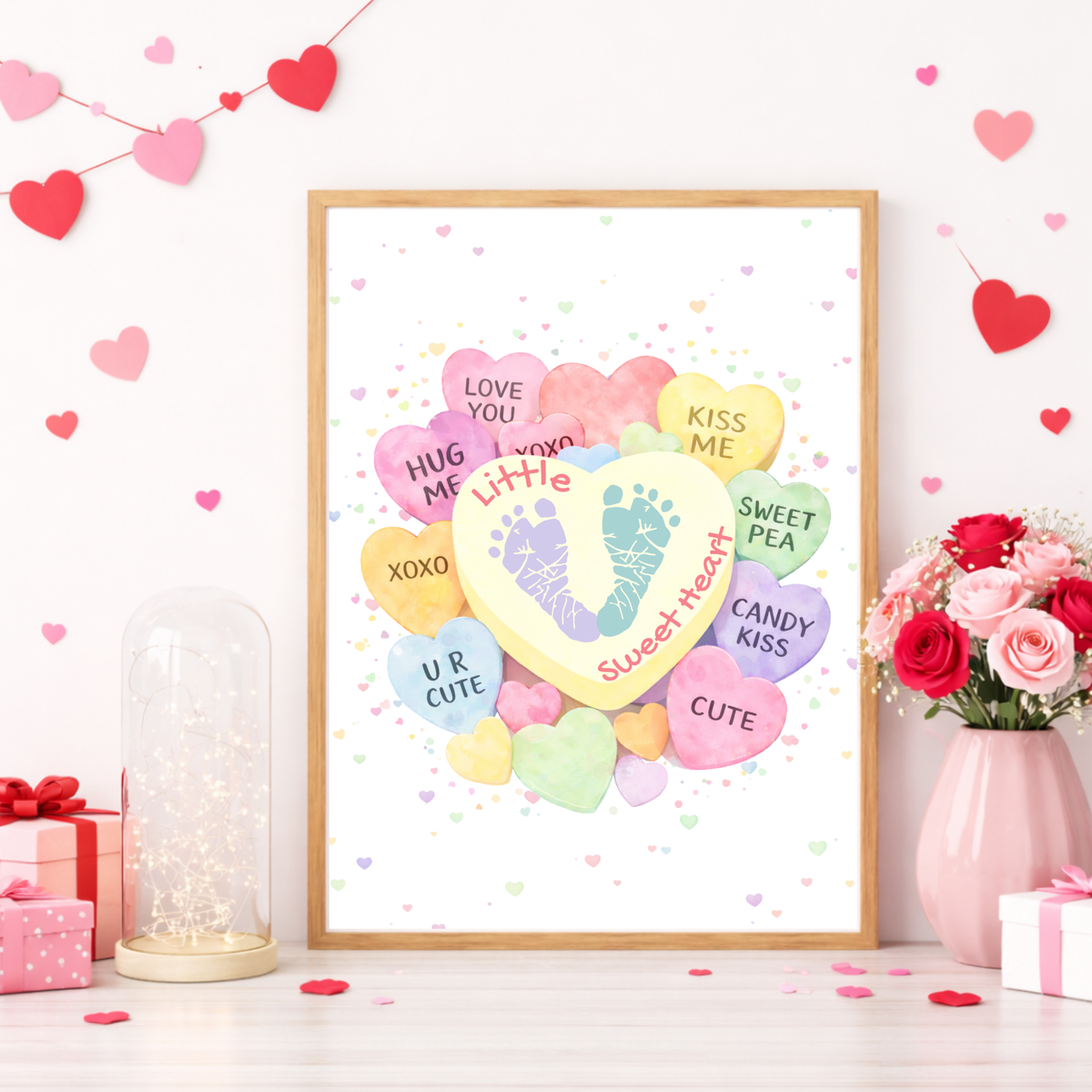 Valentine Sweetheart Candy Handprint & Footprint Craft for Kids | Conversation Heart Keepsake Printable