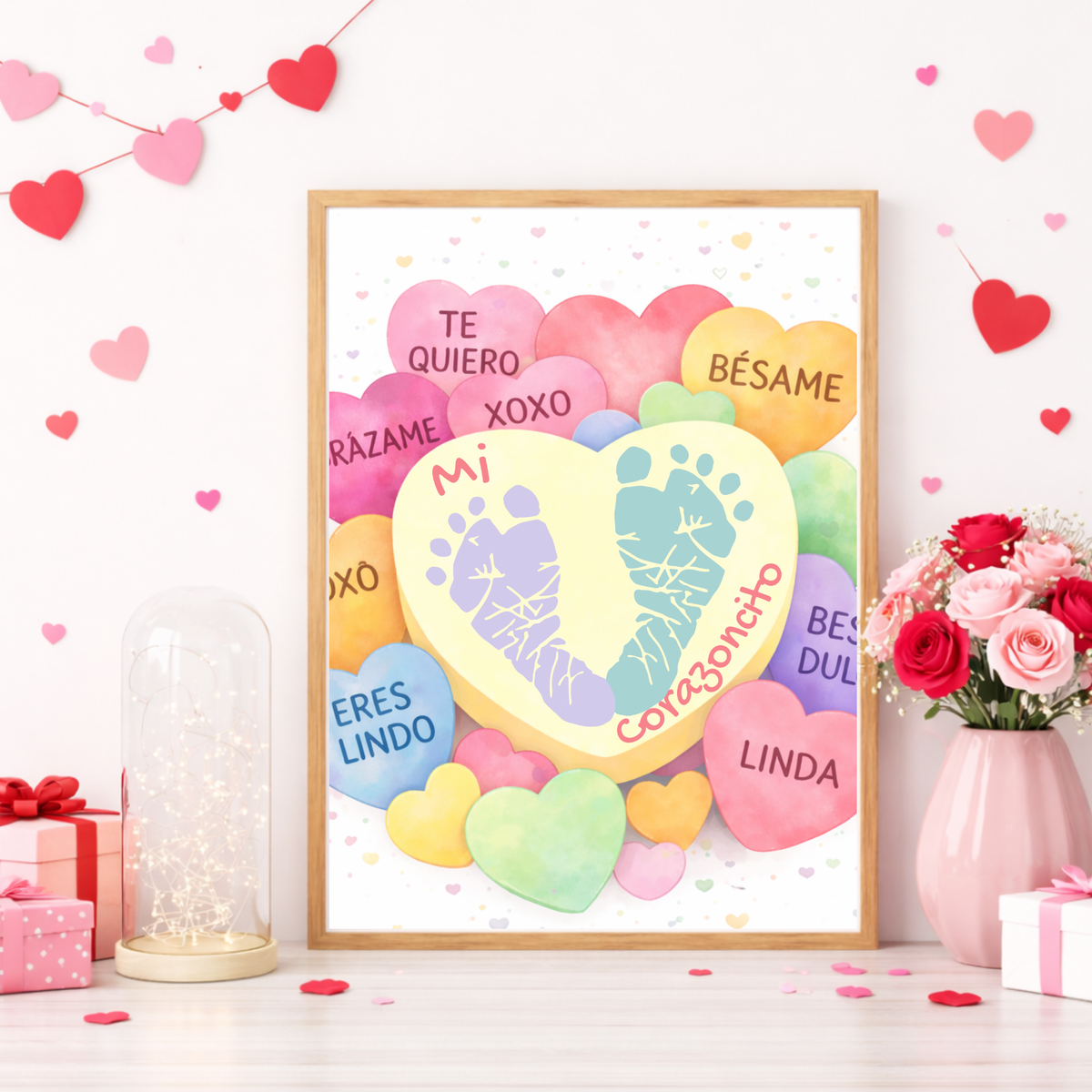 Spanish Valentine Handprint Craft for Kids | Mi Corazoncito Conversation Hearts Printable | Preschool Valentine Keepsake